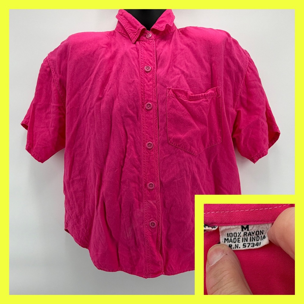 Cotton Express Button Down Shirt Womens M Pink Vintage 90s Rayon Short Sleeve